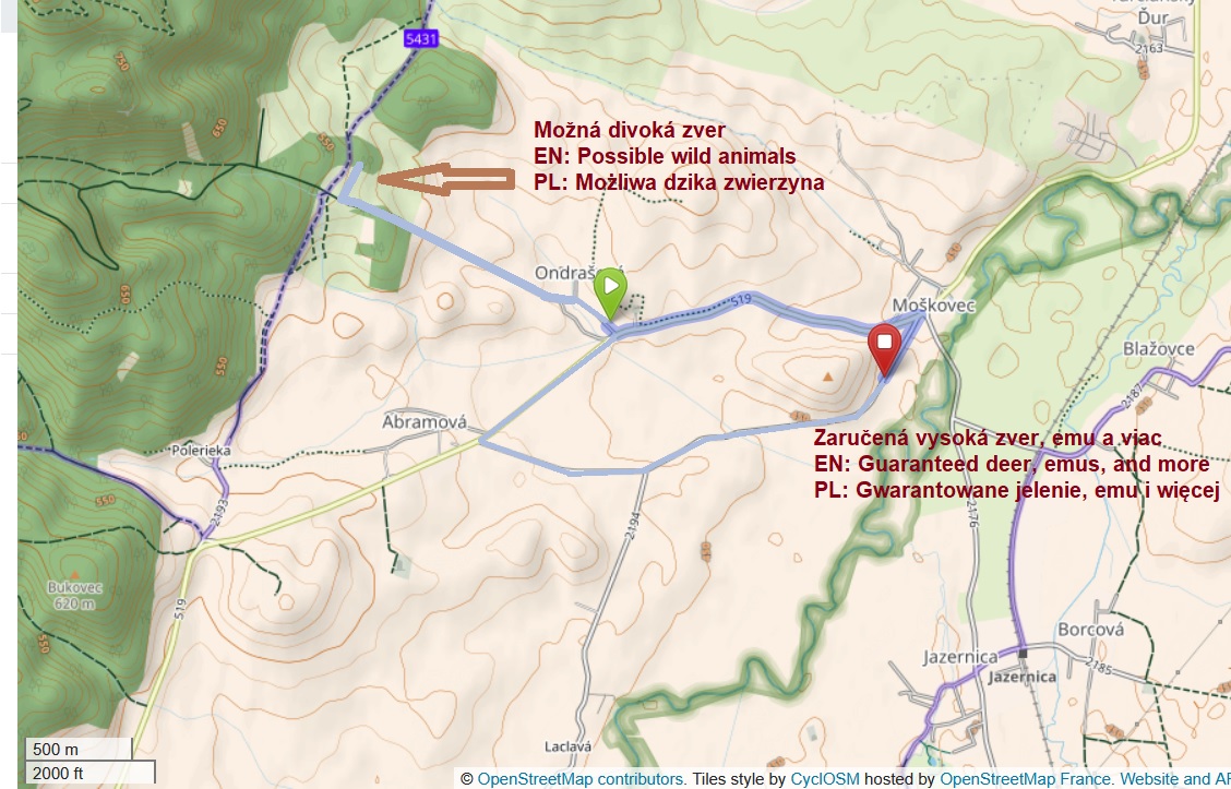 Mapka nočného safari autom v okolí Ondrašovej a Abramovej