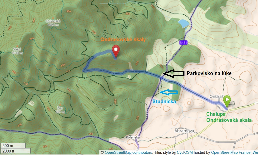 Mapka trasy na Ondrášovské skaly od chalupy a parkoviska na lúke